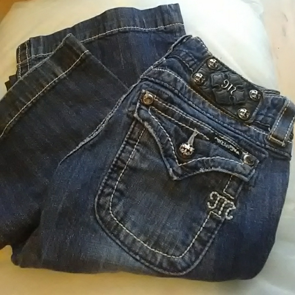 Miss Me jeans size 24. Wide leg, white stiching